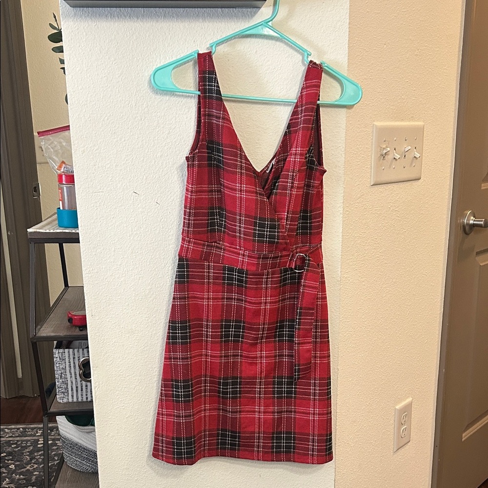 Arizona Jean Company Red Plaid V-Neck Mini Dress